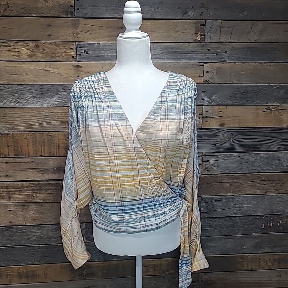 Free People Top Maldives Surplice Wrap Cotton Misty Blue Orange Combo Medium - Picture 2 of 11